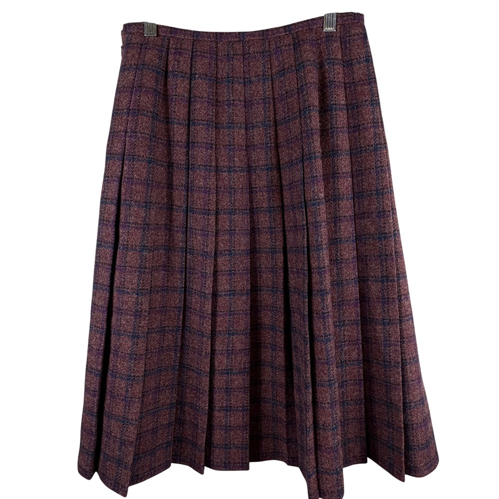 VINTAGE Eastex Wool Skirt Size 14 Burgundy Navy Plaid Pleated Midi Made England